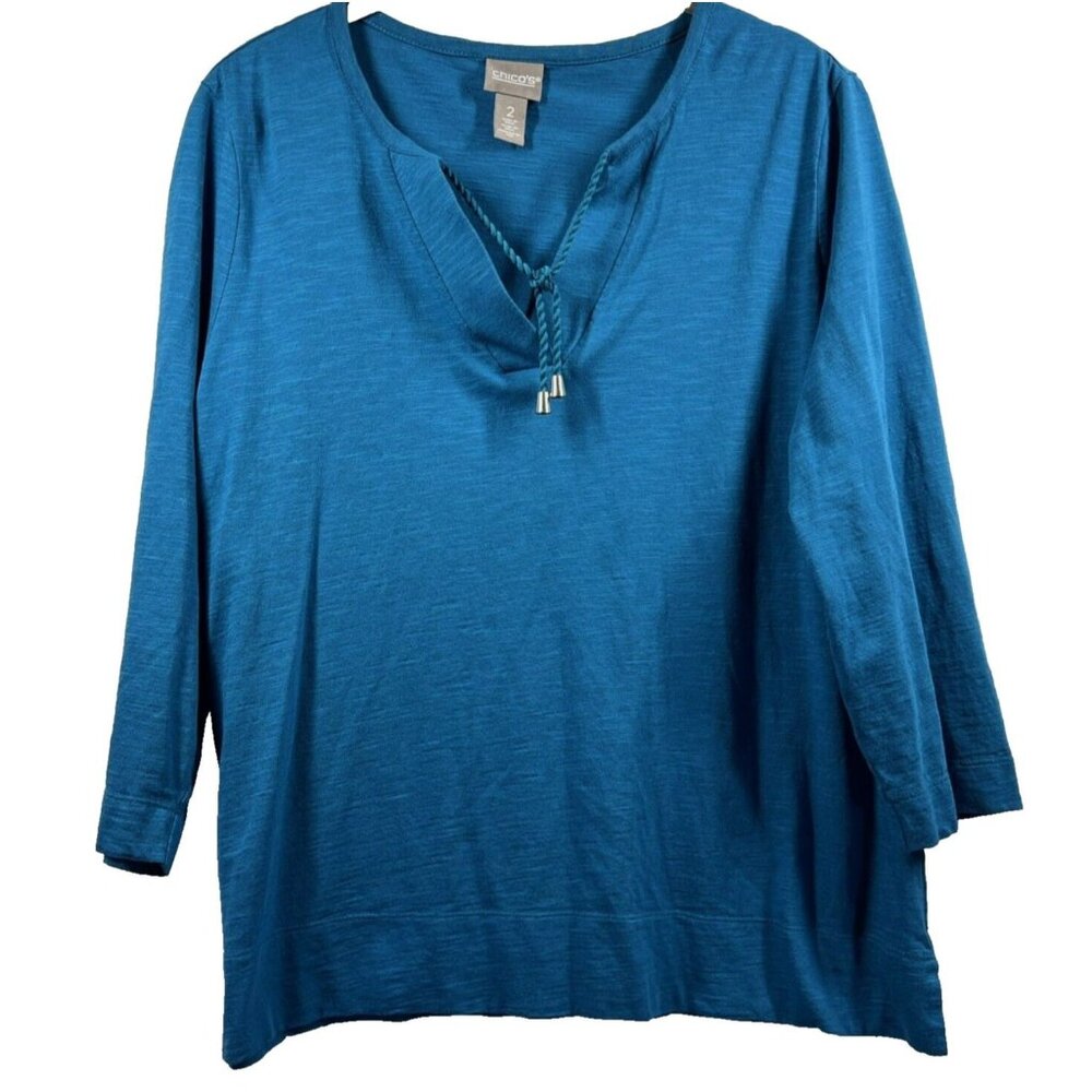 Chicos‎ Women's Top Size Large Solid Blue V Neck Tasseled 3/4 Sleeve Slub Cotton